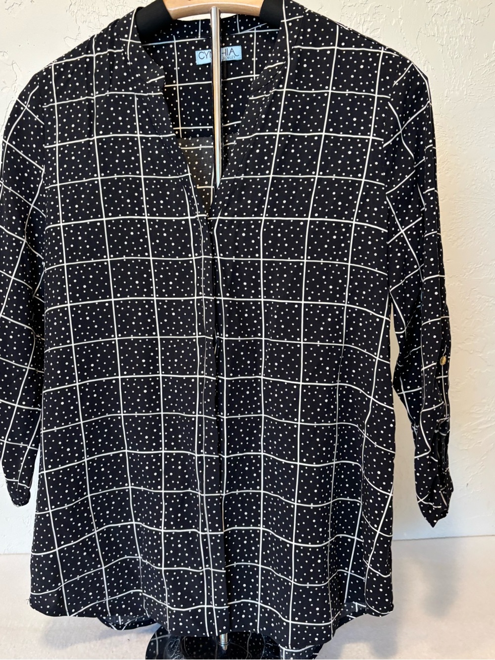 Cynthia Rowley Black White Windowpane Polka Dot Tunic Blouse Roll Tab Sleeve S